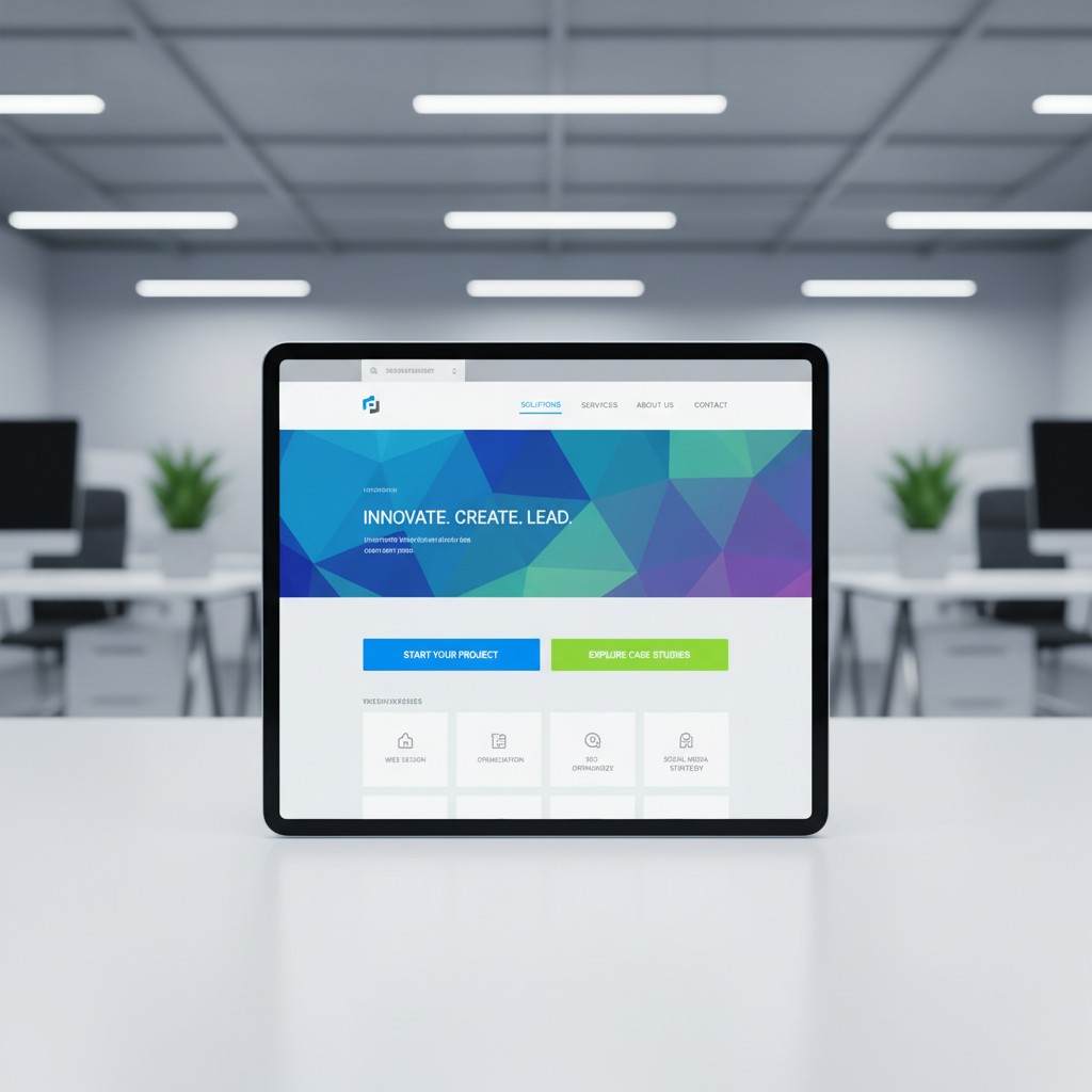 Enhanced website featuring Geo and Contragmented quadrilateral shapes (teal, blue, green, and purple) for header colorway....