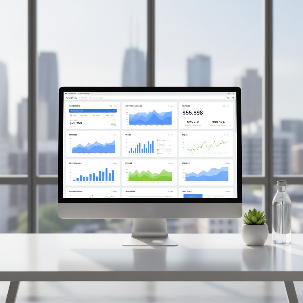 A monitor screens a diverse set of bar graphs and other data visualizations, displaying isometrically drawn design element...